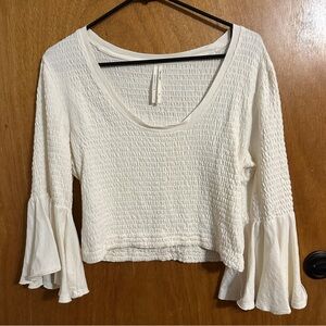 Anthropologie Cream Textured Bell-Sleeve Crop Top